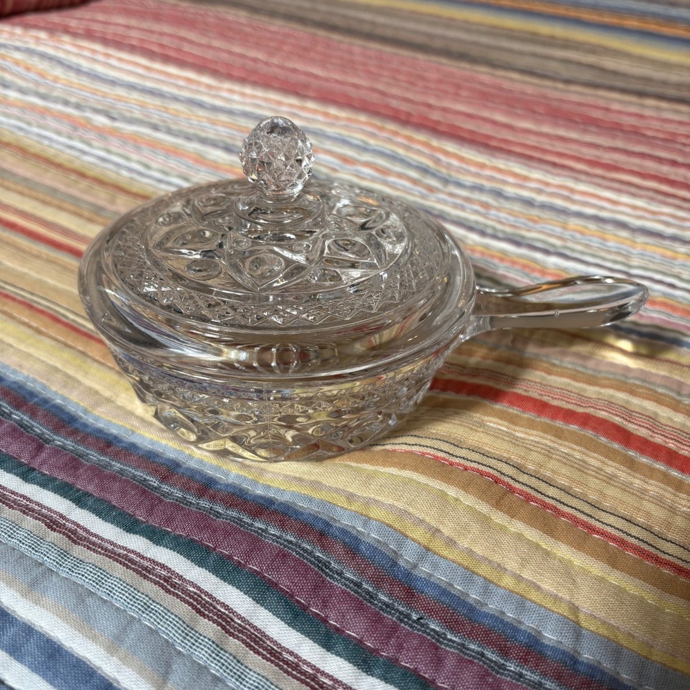 Vintage Pressed Clear Glass Nappy Dish with Lid and Handle Starburst Pattern